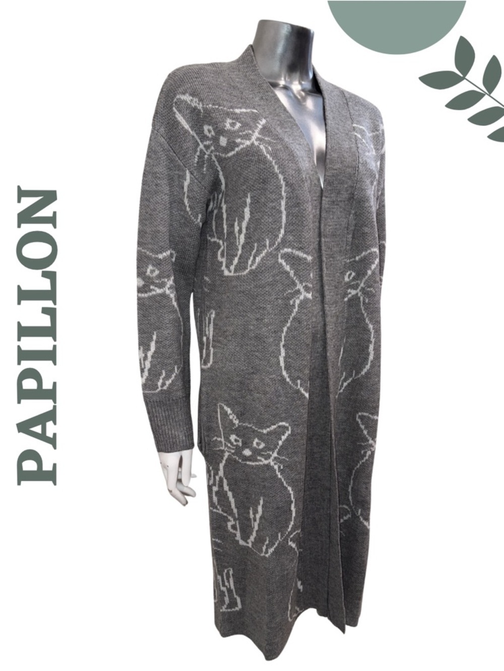 Papillon Cat Knit Cardigan Grey Long Duster Medium NWT - Picture 4 of 8